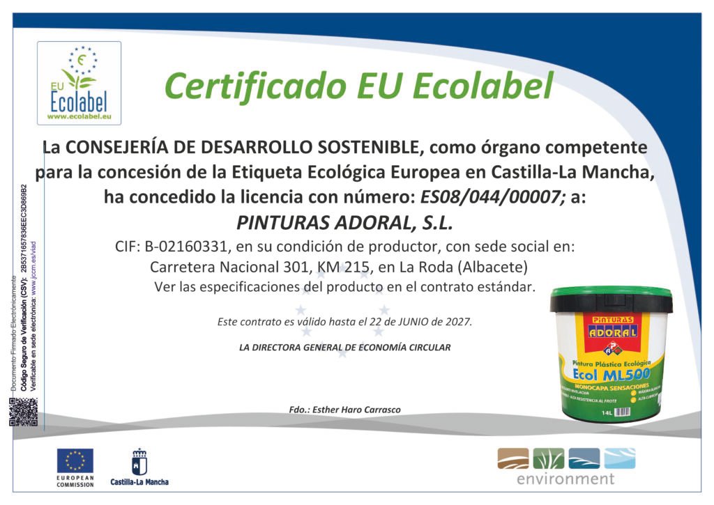 Certificado EU Ecolabel de Pinturas Adoral para ADORAL ECOL ML500 Monocapa Sensaciones