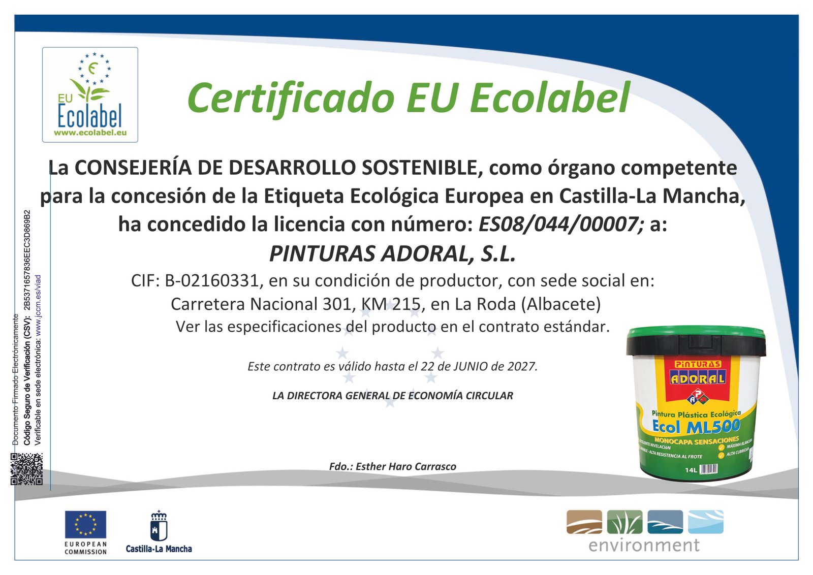 Certificado EU Ecolabel de Pinturas Adoral para ADORAL ECOL ML500 Monocapa Sensaciones
